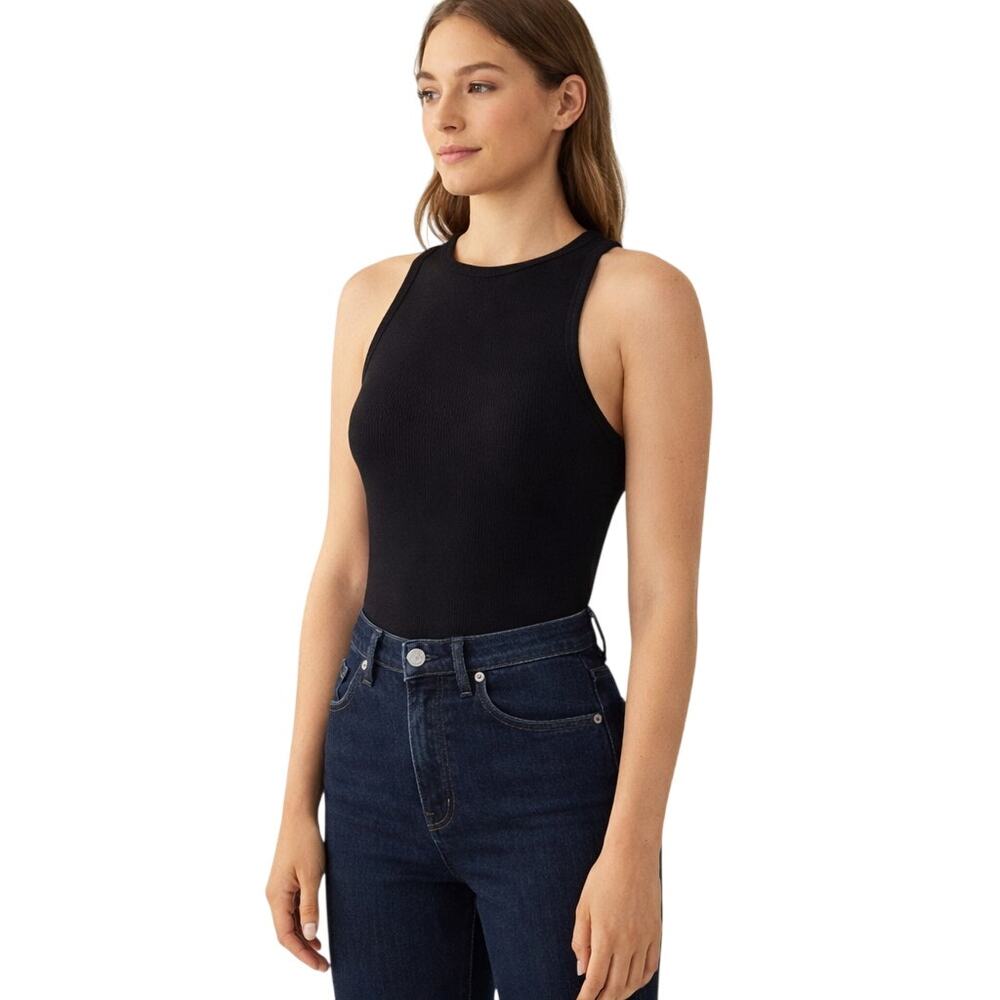 AGOLDE Women's Large Black Ribbed High Neck Tank Bodysuit Made in USA